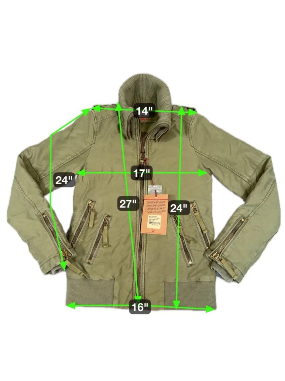 True Religion Military Green Bomber Funnel Knit Jacket Womens XS Stylish Casual - Picture 3 of 16